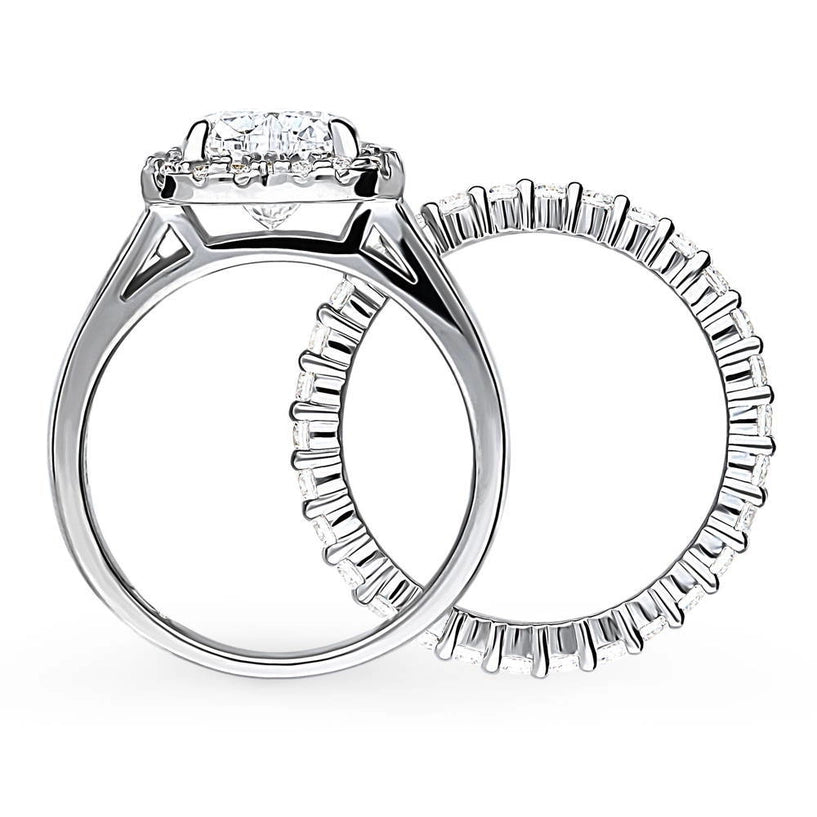 Silver Halo Heart Cz Wedding Engagement Ring Set