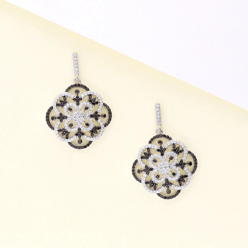 Sterling Silver Flower Black and White Cz Earrings