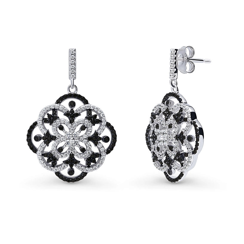 Sterling Silver Flower Black and White Cz Earrings