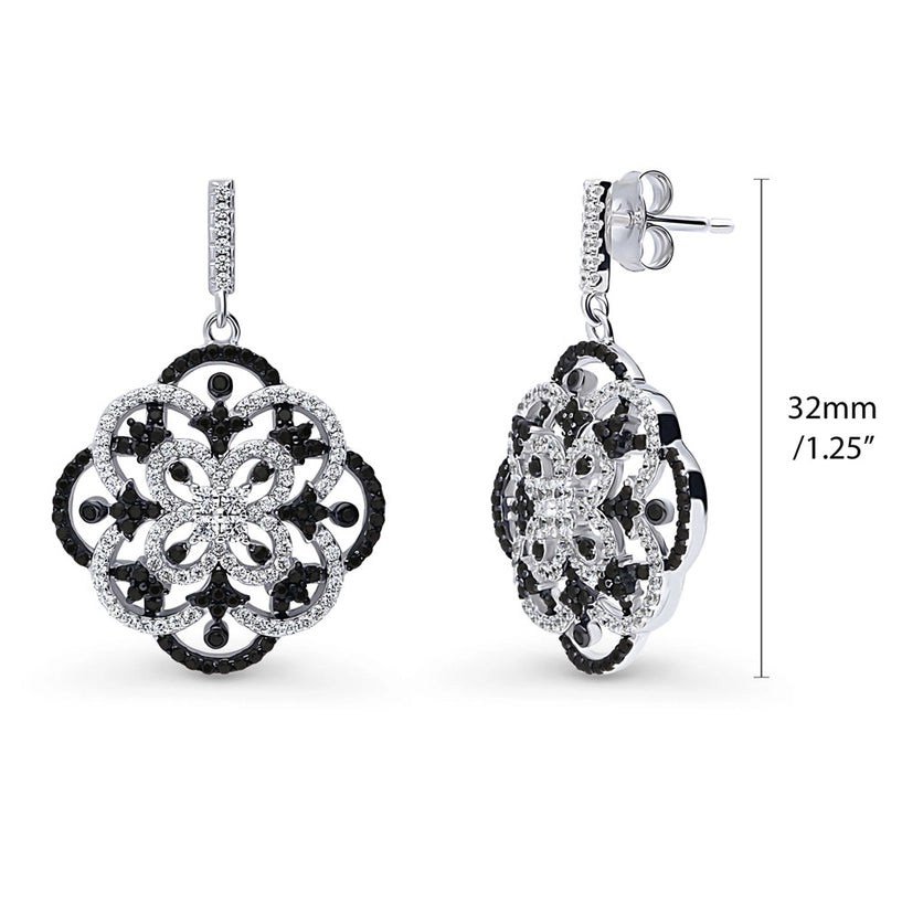 Sterling Silver Flower Black and White Cz Earrings