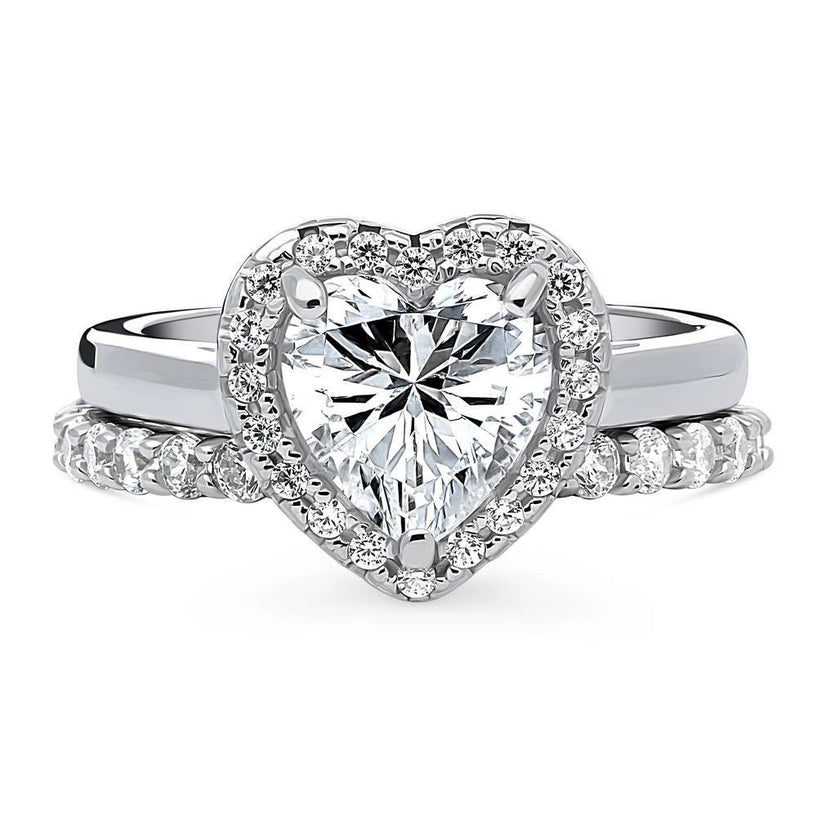 Silver Halo Heart Cz Wedding Engagement Ring Set