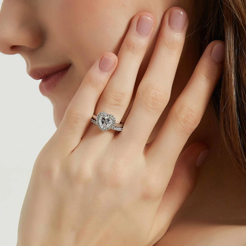 Silver Halo Heart Cz Wedding Engagement Ring Set