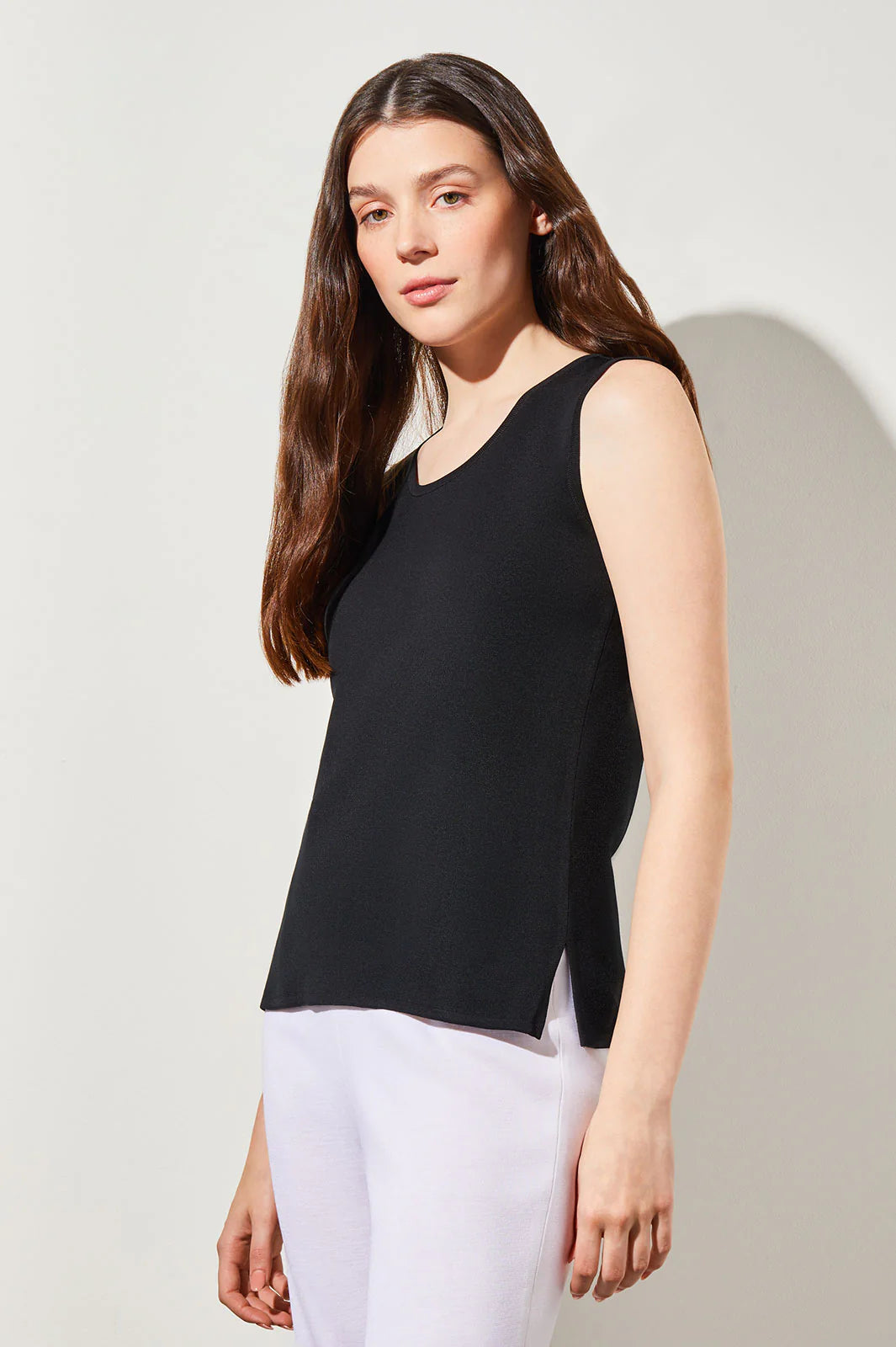 Mid-Length Scoop Neck Knit Tank, Black