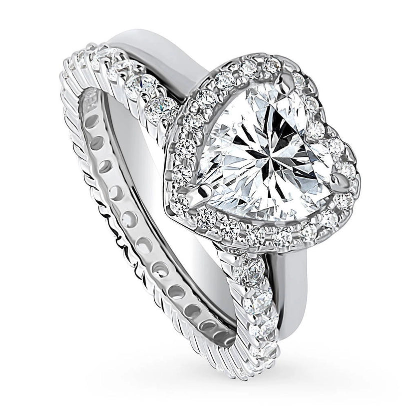 Silver Halo Heart Cz Wedding Engagement Ring Set