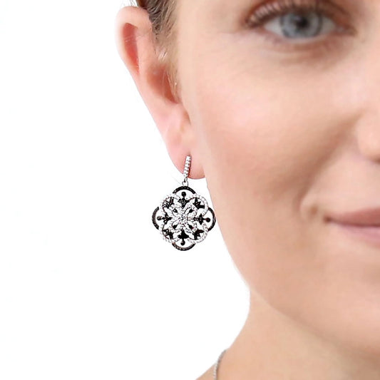 Sterling Silver Flower Black and White Cz Earrings