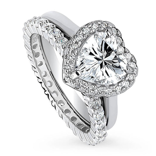 Silver Halo Heart Cz Wedding Engagement Ring Set